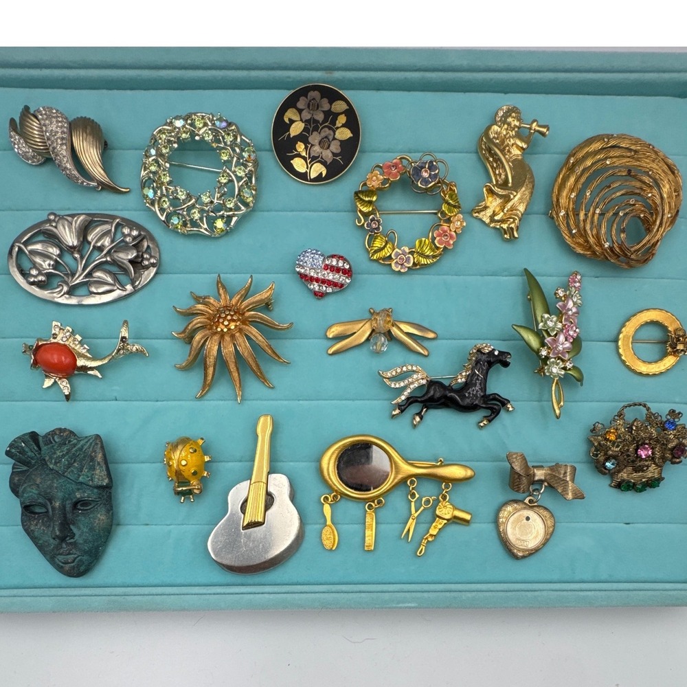 Vintage Brooch Pin Lot 20pc JJ Amita Damascene Rhinestone Enamel Animal Floral